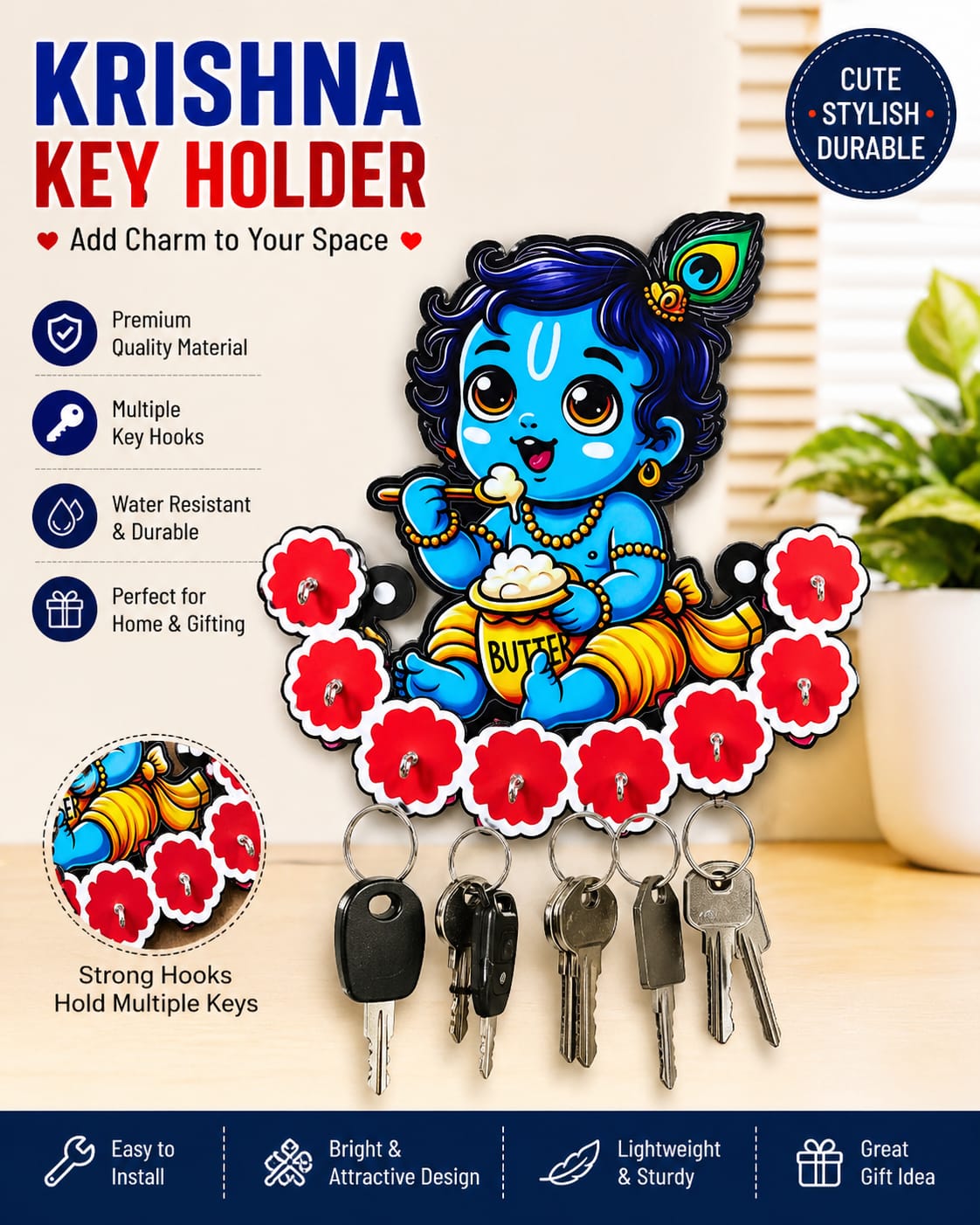 Customized Key Holder for Wall | Wooden Decorative Key Stand with Multiple Hooks | Home Entrance Wall Hanging | Gift Item ( size -- 8 inch )