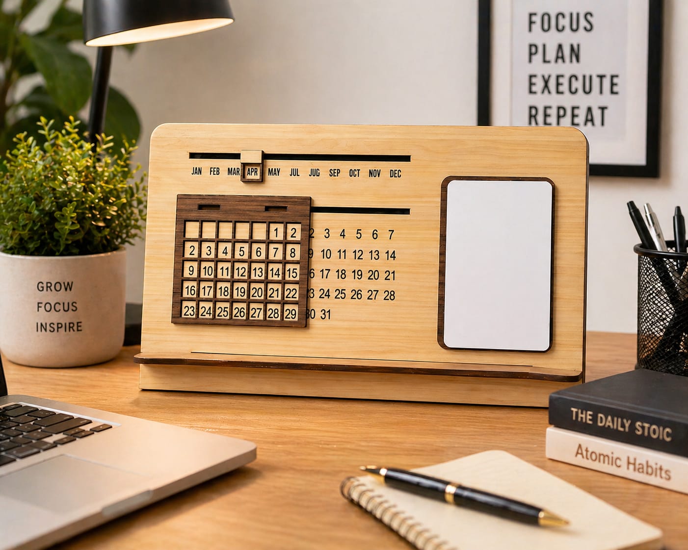 Premium Wooden Perpetual Calendar with Whiteboard | Desk Organizer | Reusable Date Display | Home & Office Decor