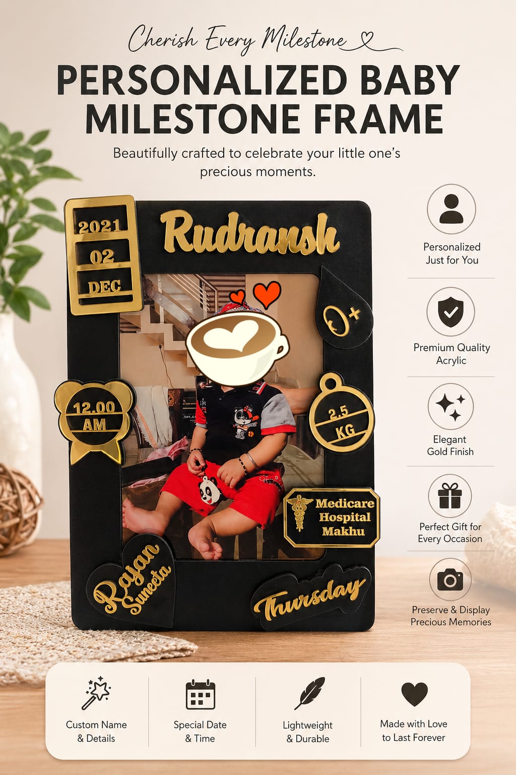 Personalized Baby Milestone Photo Frame with Name, Date & Birth Details | Premium Acrylic Golden Finish Gift ( size -- 8 inch )