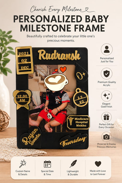 Personalized Baby Milestone Photo Frame with Name, Date & Birth Details | Premium Acrylic Golden Finish Gift ( size -- 8 inch )
