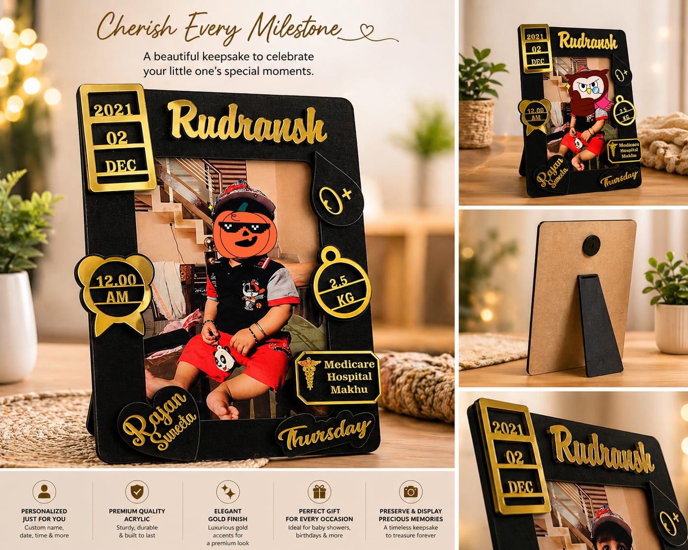 Personalized Baby Milestone Photo Frame with Name, Date & Birth Details | Premium Acrylic Golden Finish Gift ( size -- 8 inch )