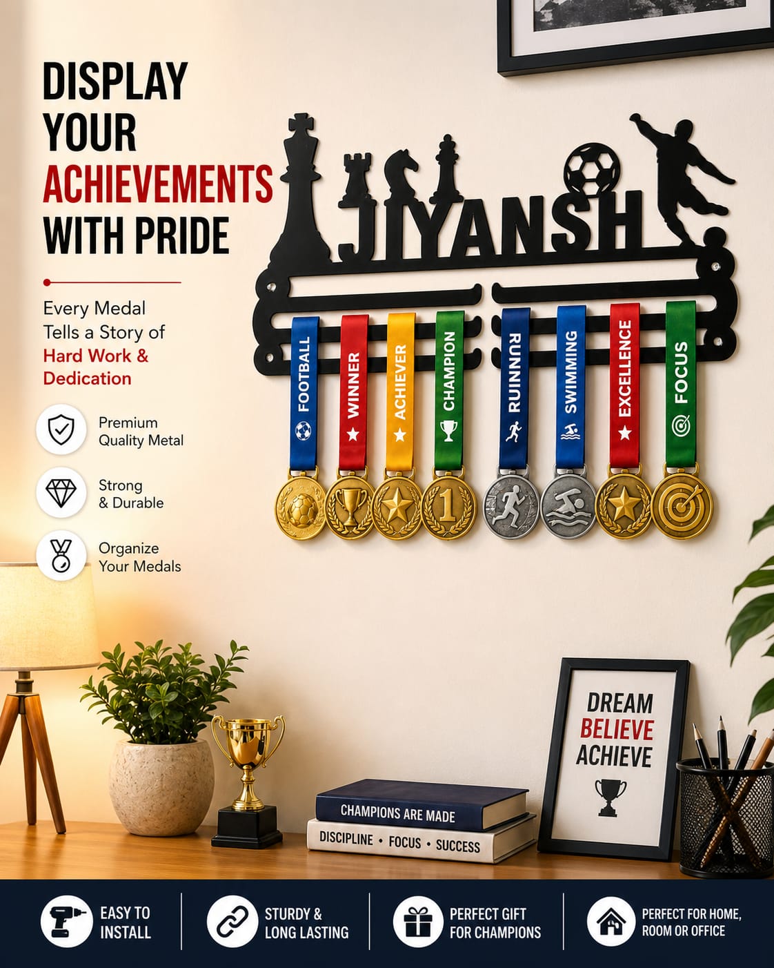 Custom Name Medal Hanger for Wall | Sports Medal Display Rack | Medal Holder for Kids, Boys & Girls | Football Design | Strong & Long Lasting