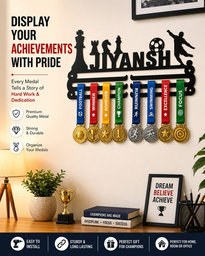Custom Name Medal Hanger for Wall | Sports Medal Display Rack | Medal Holder for Kids, Boys & Girls | Football Design | Strong & Long Lasting