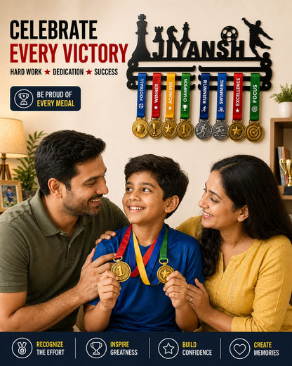 Custom Name Medal Hanger for Wall | Sports Medal Display Rack | Medal Holder for Kids, Boys & Girls | Football Design | Strong & Long Lasting
