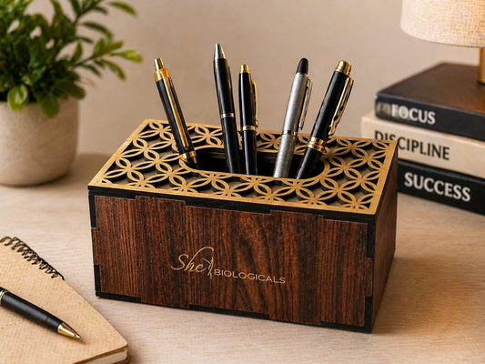 Wooden Pen Stand for Desk | Multipurpose Organizer for Pens, Remote & Stationery | Premium Laser Cut Design | Office & Home Use. Customized your name , logo or brand