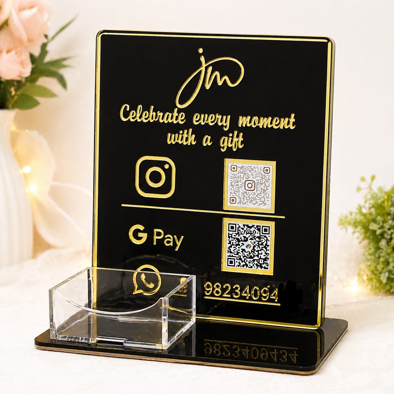 Premium Acrylic Business QR Code Stand with Card Holder | Custom Instagram, GPay & WhatsApp Display | Elegant Black & Gold Countertop Stand ( size -- 8 inch )