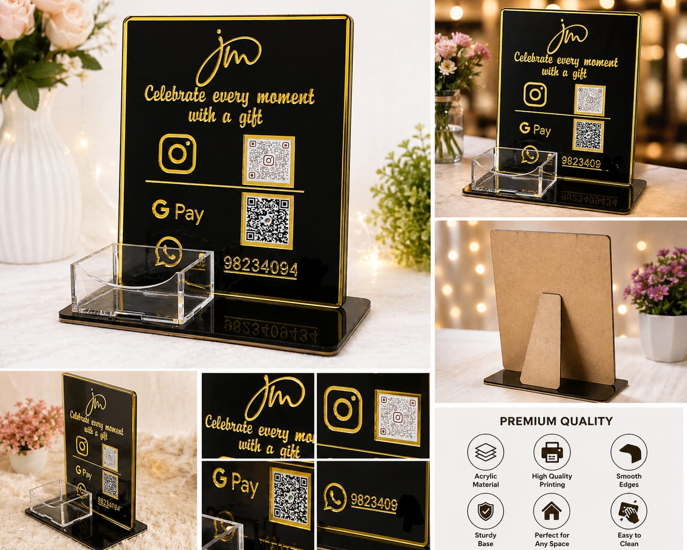 Premium Acrylic Business QR Code Stand with Card Holder | Custom Instagram, GPay & WhatsApp Display | Elegant Black & Gold Countertop Stand ( size -- 8 inch )