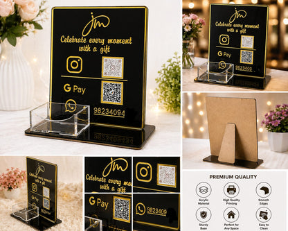 Premium Acrylic Business QR Code Stand with Card Holder | Custom Instagram, GPay & WhatsApp Display | Elegant Black & Gold Countertop Stand ( size -- 8 inch )