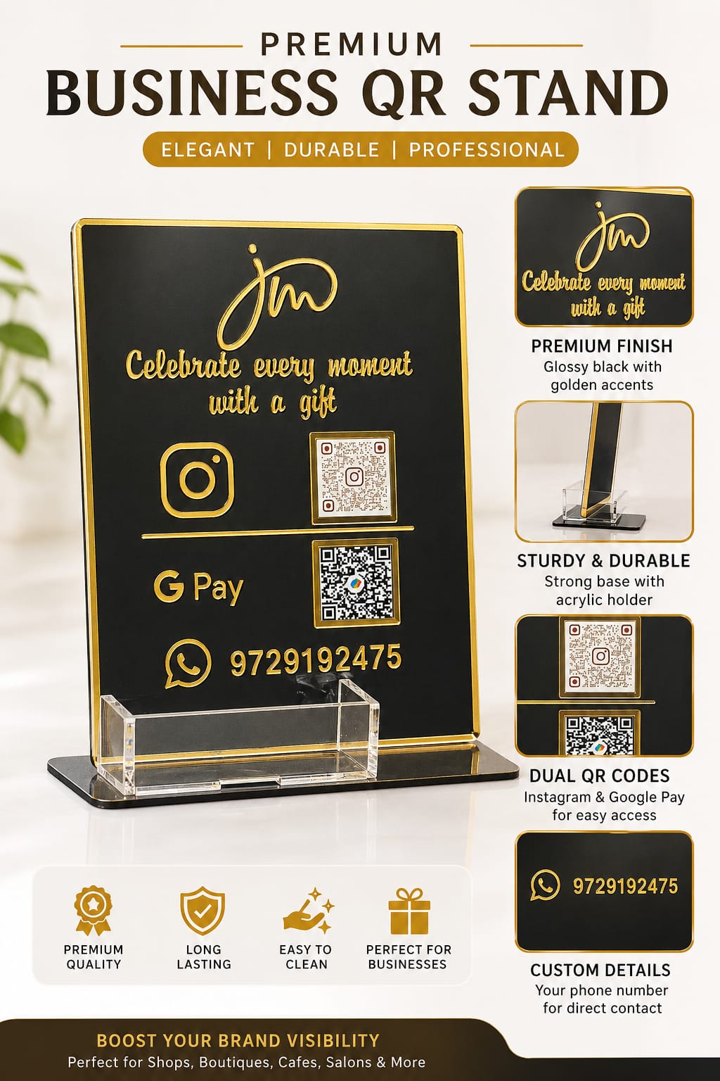 Premium Acrylic Business QR Code Stand with Card Holder | Custom Instagram, GPay & WhatsApp Display | Elegant Black & Gold Countertop Stand ( size -- 8 inch )
