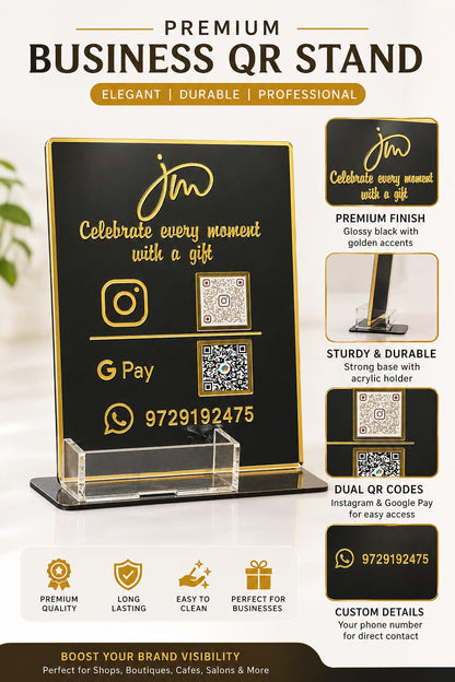 Premium Acrylic Business QR Code Stand with Card Holder | Custom Instagram, GPay & WhatsApp Display | Elegant Black & Gold Countertop Stand ( size -- 8 inch )