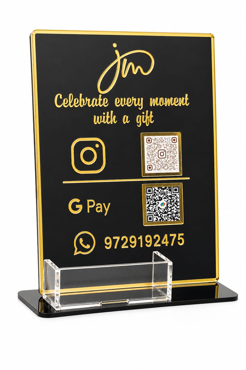Premium Acrylic Business QR Code Stand with Card Holder | Custom Instagram, GPay & WhatsApp Display | Elegant Black & Gold Countertop Stand ( size -- 8 inch )