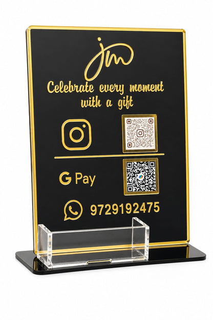 Premium Acrylic Business QR Code Stand with Card Holder | Custom Instagram, GPay & WhatsApp Display | Elegant Black & Gold Countertop Stand ( size -- 8 inch )