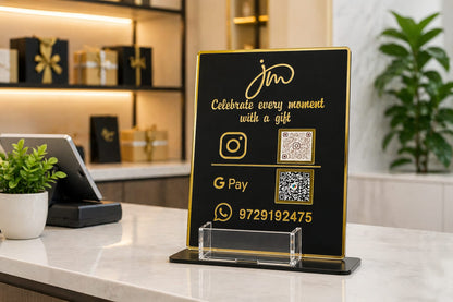 Premium Acrylic Business QR Code Stand with Card Holder | Custom Instagram, GPay & WhatsApp Display | Elegant Black & Gold Countertop Stand ( size -- 8 inch )