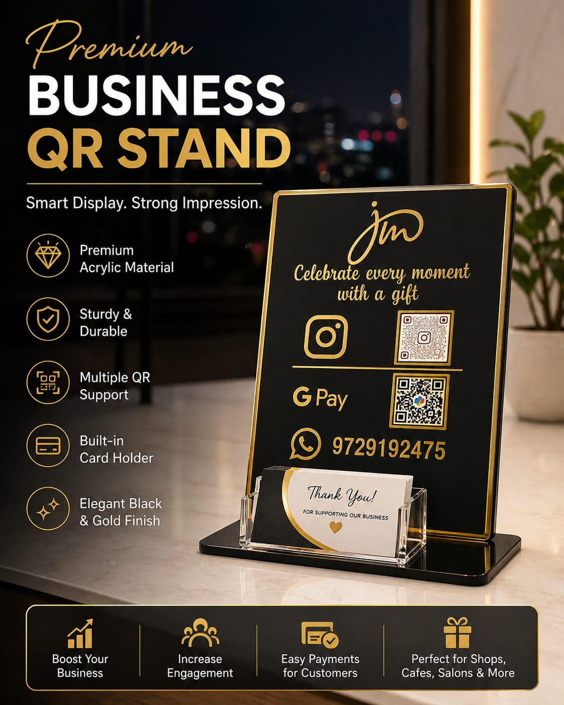 Premium Acrylic Business QR Code Stand with Card Holder | Custom Instagram, GPay & WhatsApp Display | Elegant Black & Gold Countertop Stand ( size -- 8 inch )