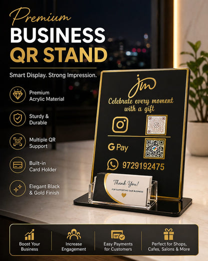 Premium Acrylic Business QR Code Stand with Card Holder | Custom Instagram, GPay & WhatsApp Display | Elegant Black & Gold Countertop Stand ( size -- 8 inch )