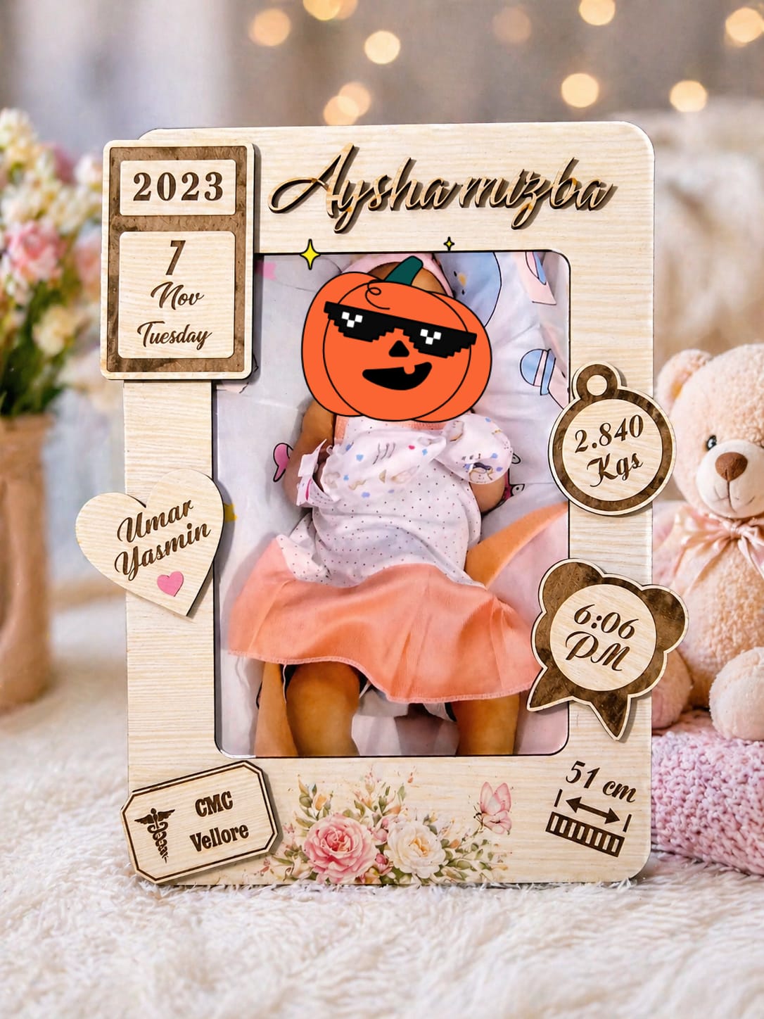 Personalized Wooden Baby Photo Frame with Birth Details | Custom Name, Date, Weight & Time | Newborn Memory Frame Gift