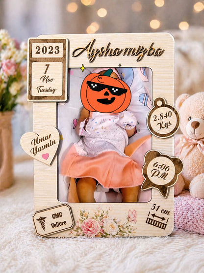 Personalized Wooden Baby Photo Frame with Birth Details | Custom Name, Date, Weight & Time | Newborn Memory Frame Gift