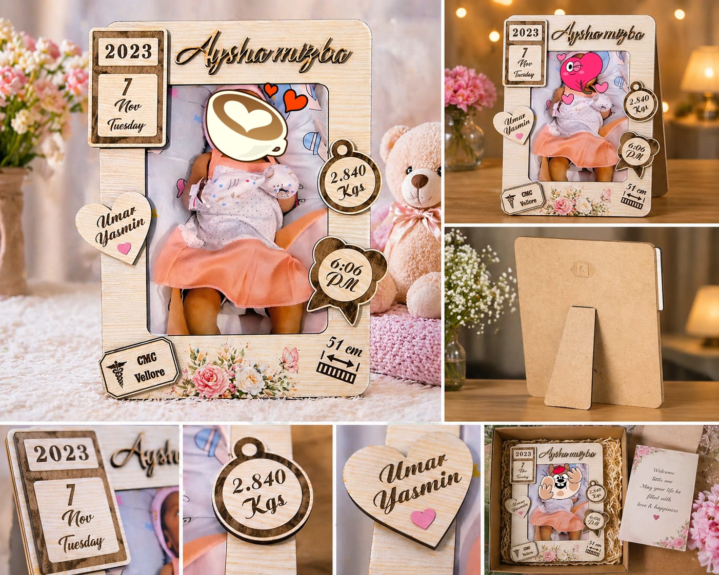 Personalized Wooden Baby Photo Frame with Birth Details | Custom Name, Date, Weight & Time | Newborn Memory Frame Gift