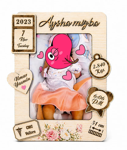 Personalized Wooden Baby Photo Frame with Birth Details | Custom Name, Date, Weight & Time | Newborn Memory Frame Gift